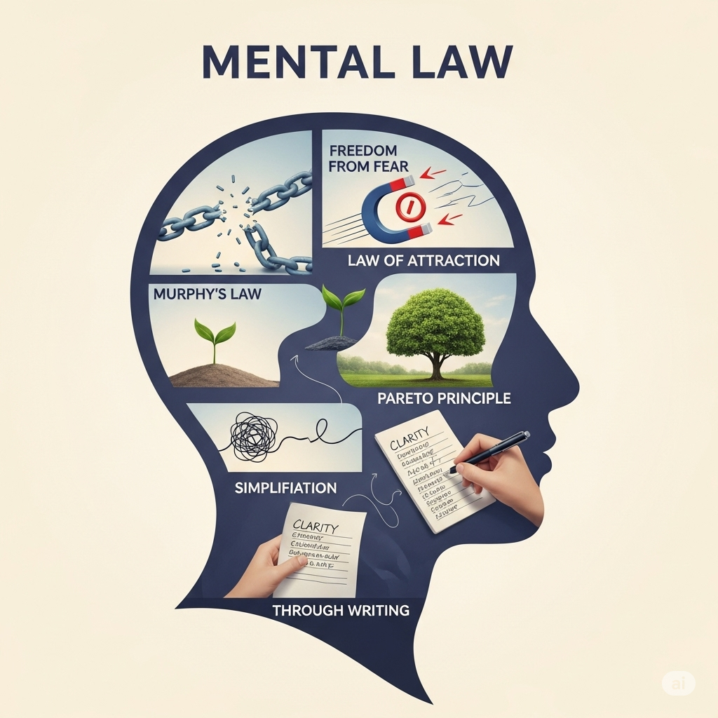 Crescita Personale, Leggi Mentali, Mindset, Psicologia, Produttività, Sviluppo Personale, Legge di Attrazione, Principio di Pareto, Focus, Consapevolezza, Auto-miglioramento, Legge di Murphy